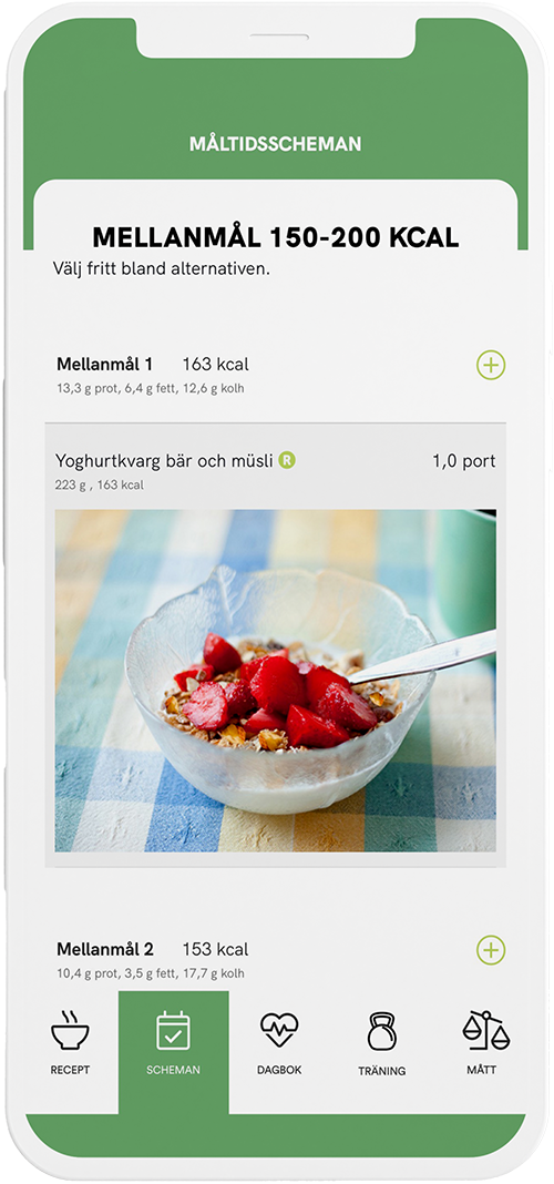 Kostschema i klientens app. Här är det tips på mellanmål.